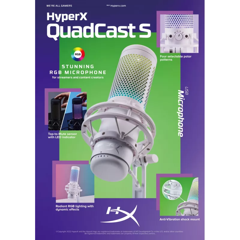 HyperX QuadCast S - USB mikrofonas (juodai pilkas) - RGB apšvietimas