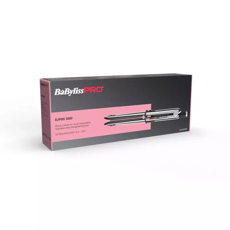 Tiesintuvas BABYLISS ELIPSIS3000 STYLER — keraminės plokštelės, 55 W, 5 šilumos lygiai, 150–230°C, joninis, 2,7 m sukamas laidas, juodas