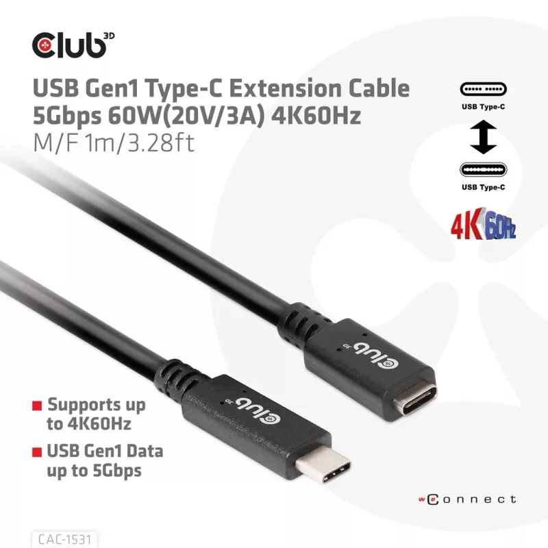 USB Gen1 Type-C ilginamasis laidas CLUB3D CAC-1531, 1 m, USB-C kištukas į 2× USB-C lizdą, 5 Gbps, 60 W PD, 4K@60Hz