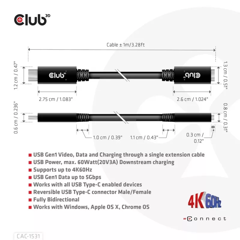 USB Gen1 Type-C ilginamasis laidas CLUB3D CAC-1531, 1 m, USB-C kištukas į 2× USB-C lizdą, 5 Gbps, 60 W PD, 4K@60Hz