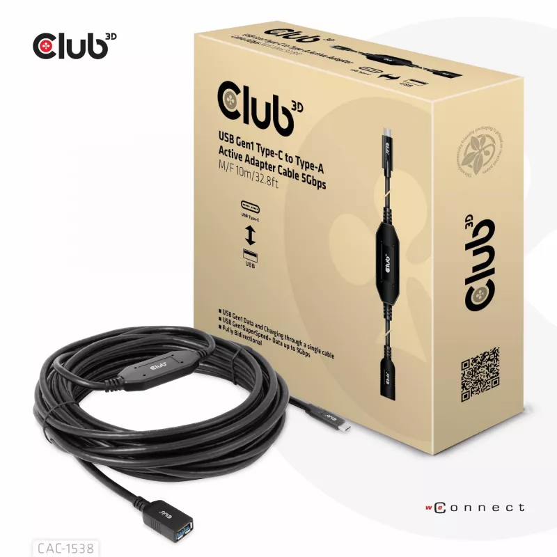 CLUB3D USB Gen1 Type-C į Type-A aktyvus adapterio kabelis 5Gbps M/F 10m