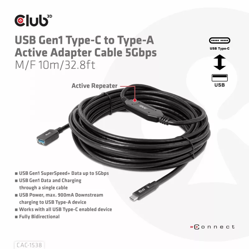 CLUB3D USB Gen1 Type-C į Type-A aktyvus adapterio kabelis 5Gbps M/F 10m
