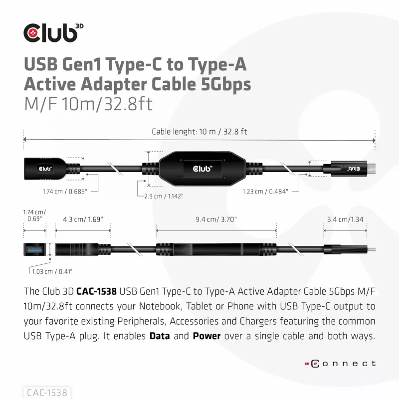 CLUB3D USB Gen1 Type-C į Type-A aktyvus adapterio kabelis 5Gbps M/F 10m
