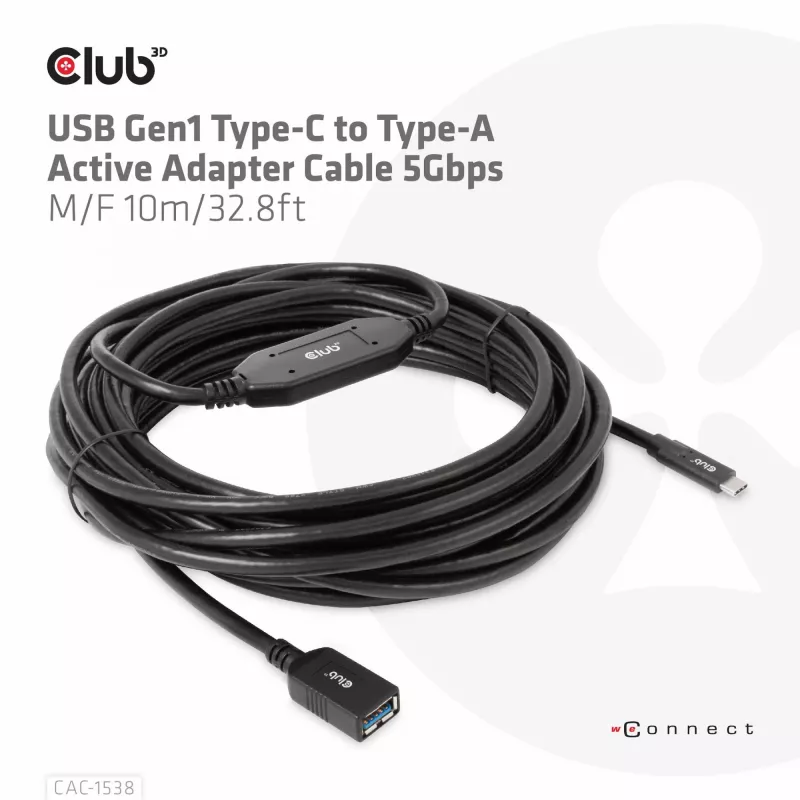 CLUB3D USB Gen1 Type-C į Type-A aktyvus adapterio kabelis 5Gbps M/F 10m
