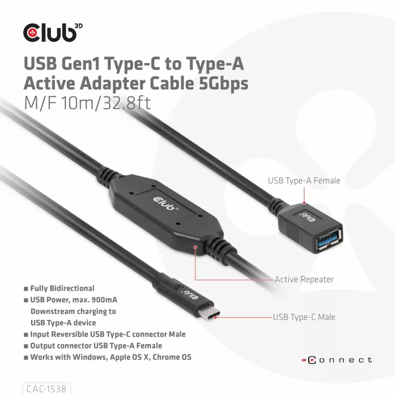CLUB3D USB Gen1 Type-C į Type-A aktyvus adapterio kabelis 5Gbps M/F 10m