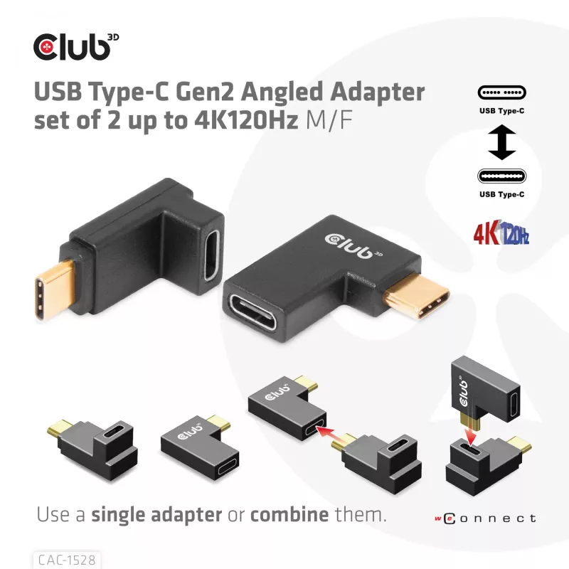 USB Type-C Gen2 kampinis adapteris, rinkinys iš 2 vnt. CLUB3D CAC-1528 — USB-C į USB-C, palaiko 4K@120Hz
