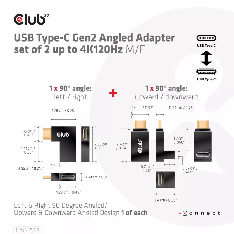 USB Type-C Gen2 kampinis adapteris, rinkinys iš 2 vnt. CLUB3D CAC-1528 — USB-C į USB-C, palaiko 4K@120Hz