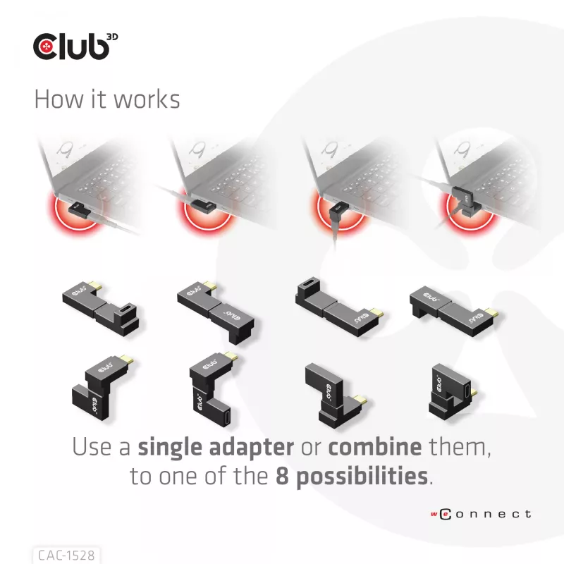USB Type-C Gen2 kampinis adapteris, rinkinys iš 2 vnt. CLUB3D CAC-1528 — USB-C į USB-C, palaiko 4K@120Hz
