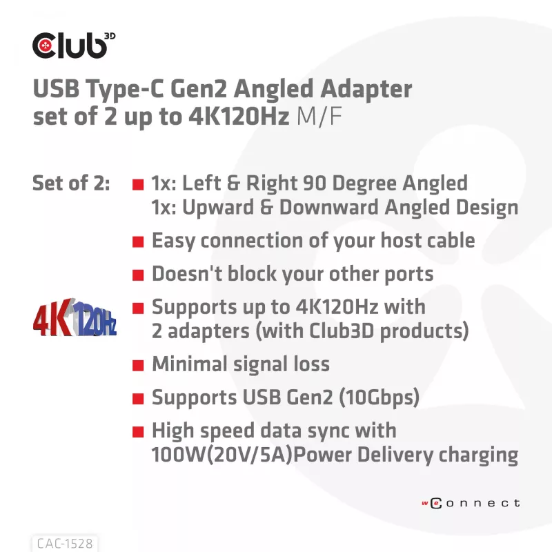 USB Type-C Gen2 kampinis adapteris, rinkinys iš 2 vnt. CLUB3D CAC-1528 — USB-C į USB-C, palaiko 4K@120Hz