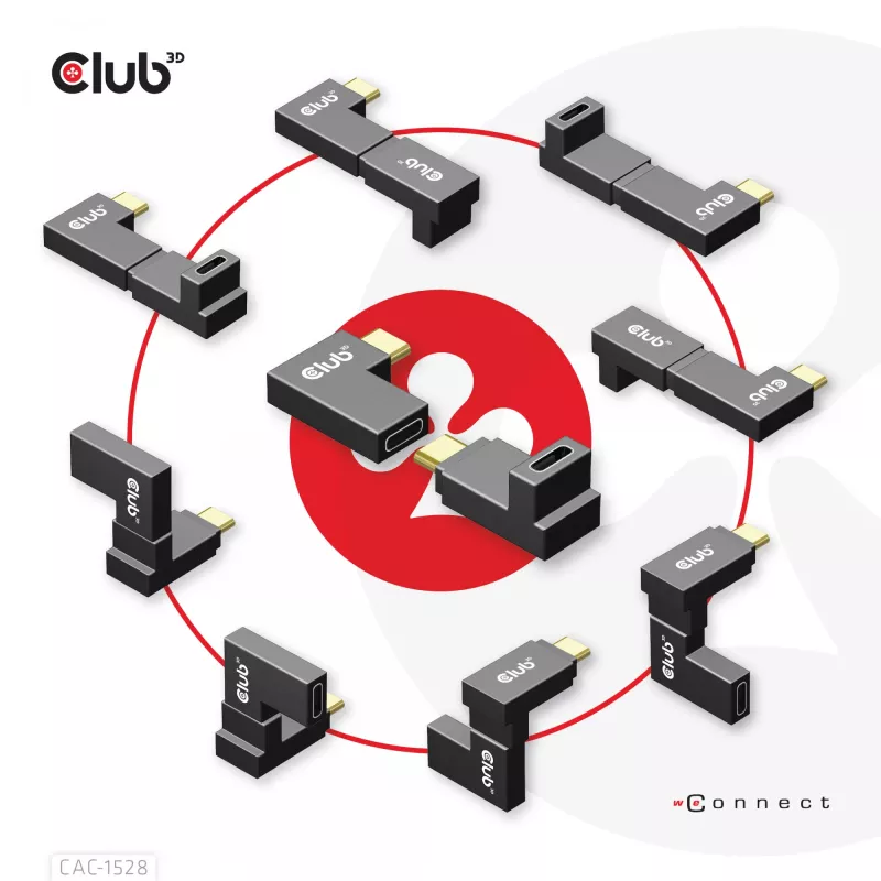 USB Type-C Gen2 kampinis adapteris, rinkinys iš 2 vnt. CLUB3D CAC-1528 — USB-C į USB-C, palaiko 4K@120Hz