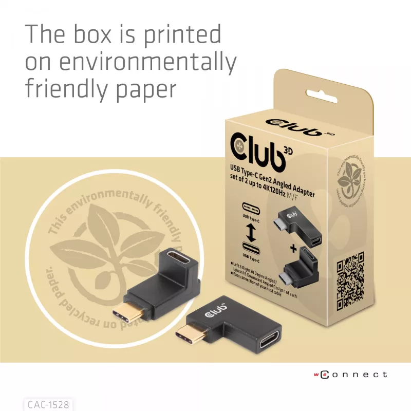 USB Type-C Gen2 kampinis adapteris, rinkinys iš 2 vnt. CLUB3D CAC-1528 — USB-C į USB-C, palaiko 4K@120Hz