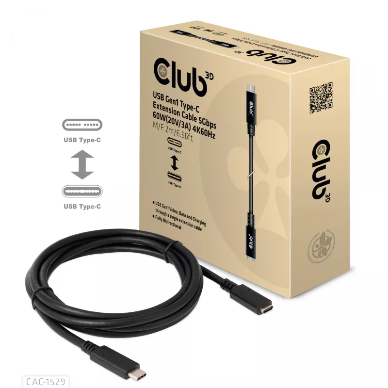 CLUB3D USB Gen1 Type-C ilginimo kabelis 5Gbps 60W(20V/3A) 4K60Hz M/F 2m/6,56ft