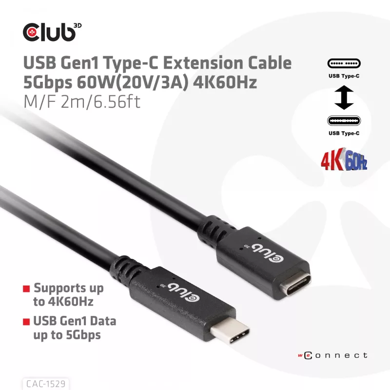CLUB3D USB Gen1 Type-C ilginimo kabelis 5Gbps 60W(20V/3A) 4K60Hz M/F 2m/6,56ft