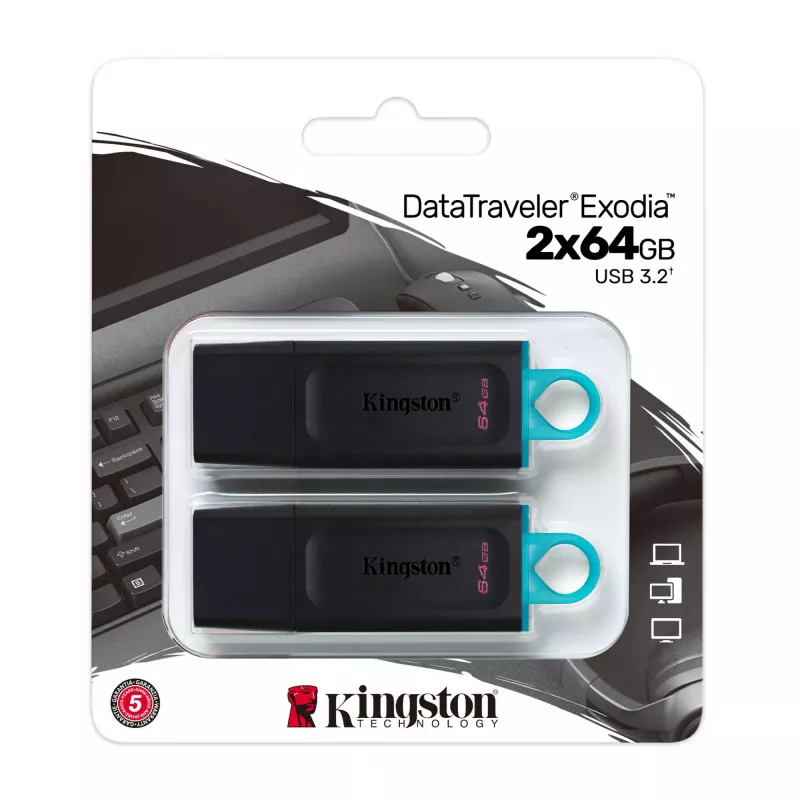 USB atmintinė Kingston DataTraveler Exodia 64 GB USB 3.2, juoda ir žalsvai mėlyna