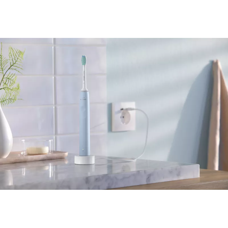 Elektrinis garsinis dantų šepetėlis Philips HX3651/12 — švelnus režimas, įmontuota ličio jonų baterija, 1 šepetėlio galvutė, balta/mėlyna