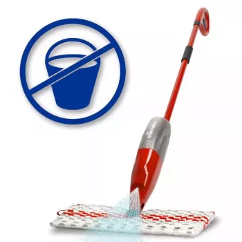 Šluota VILEDA Spray Max Microfibre Dry & Wet — plastikinė galvutė, 0,6 l vandens talpykla, antibakterinė, balta/raudona