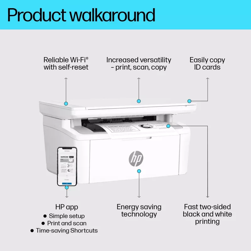 Daugiafunkcinis lazerinis spausdintuvas HP LaserJet MFP M140w — nespalvotas, 20 ppm, 600×600 DPI, A4, „Wi‑Fi“, „Ethernet“, baltas
