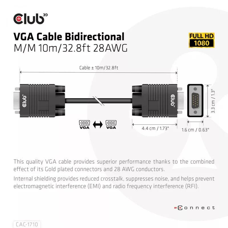 VGA laidas bidirekcinis M/M 10m/32,8ft CLUB3D CAC-1710