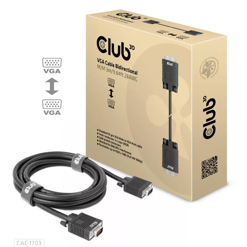 VGA kabelis, dvikryptis, M/M, 3 m, 28AWG, CLUB3D CAC-1703
