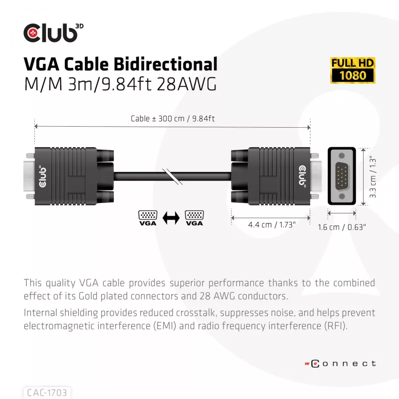VGA kabelis, dvikryptis, M/M, 3 m, 28AWG, CLUB3D CAC-1703