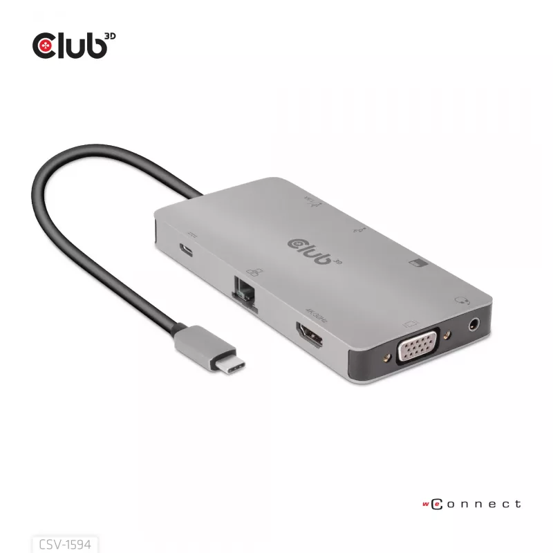 CLUB3D USB Gen1 Type-C 9-in-1 šakotuvas su HDMI, VGA, 2x USB Gen1 Type-A, RJ45, SD/Micro SD kortelių lizdais ir USB Gen1 Type-C moterišku prievadu