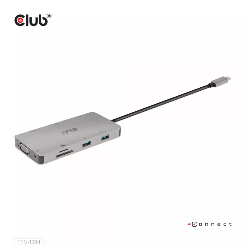 CLUB3D USB Gen1 Type-C 9-in-1 šakotuvas su HDMI, VGA, 2x USB Gen1 Type-A, RJ45, SD/Micro SD kortelių lizdais ir USB Gen1 Type-C moterišku prievadu