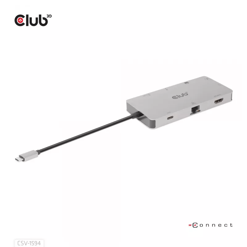 CLUB3D USB Gen1 Type-C 9-in-1 šakotuvas su HDMI, VGA, 2x USB Gen1 Type-A, RJ45, SD/Micro SD kortelių lizdais ir USB Gen1 Type-C moterišku prievadu