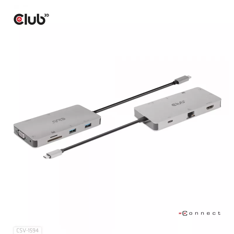 CLUB3D USB Gen1 Type-C 9-in-1 šakotuvas su HDMI, VGA, 2x USB Gen1 Type-A, RJ45, SD/Micro SD kortelių lizdais ir USB Gen1 Type-C moterišku prievadu