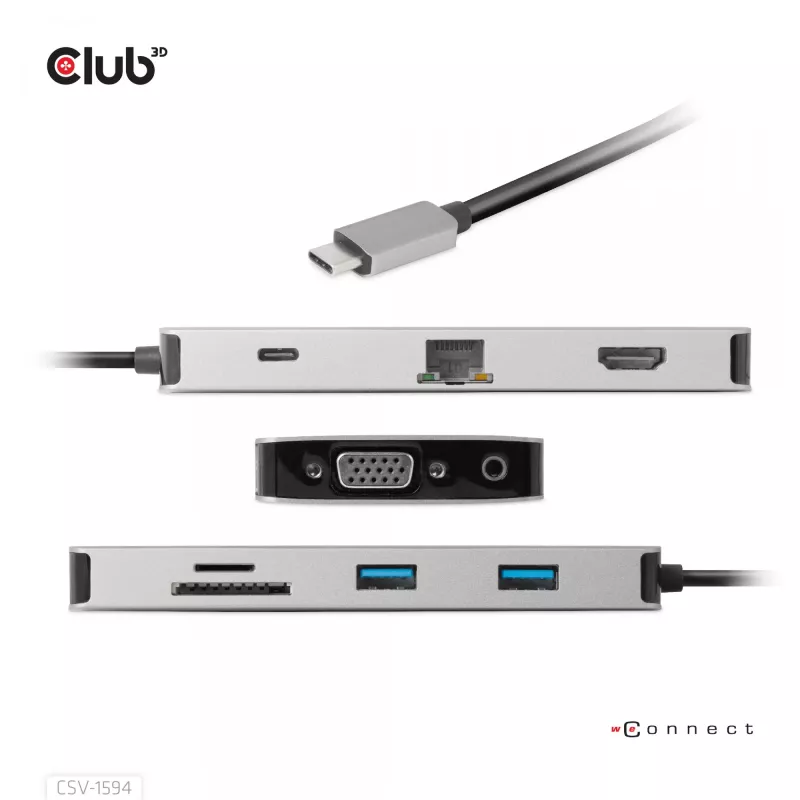 CLUB3D USB Gen1 Type-C 9-in-1 šakotuvas su HDMI, VGA, 2x USB Gen1 Type-A, RJ45, SD/Micro SD kortelių lizdais ir USB Gen1 Type-C moterišku prievadu