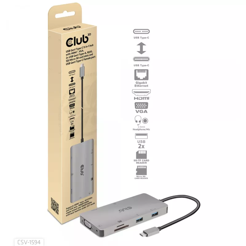 CLUB3D USB Gen1 Type-C 9-in-1 šakotuvas su HDMI, VGA, 2x USB Gen1 Type-A, RJ45, SD/Micro SD kortelių lizdais ir USB Gen1 Type-C moterišku prievadu