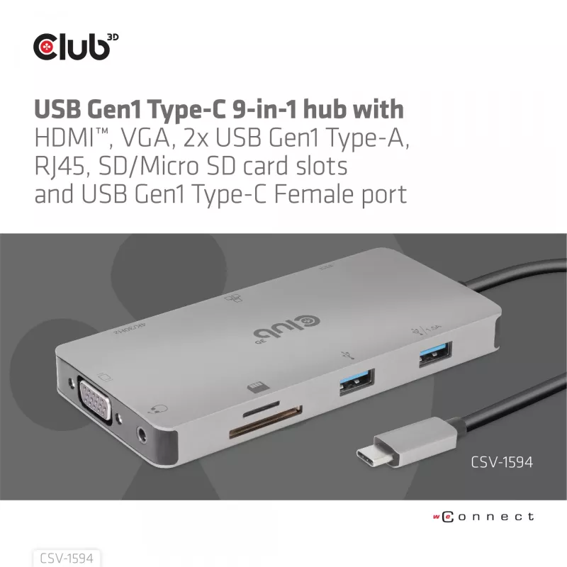 CLUB3D USB Gen1 Type-C 9-in-1 šakotuvas su HDMI, VGA, 2x USB Gen1 Type-A, RJ45, SD/Micro SD kortelių lizdais ir USB Gen1 Type-C moterišku prievadu