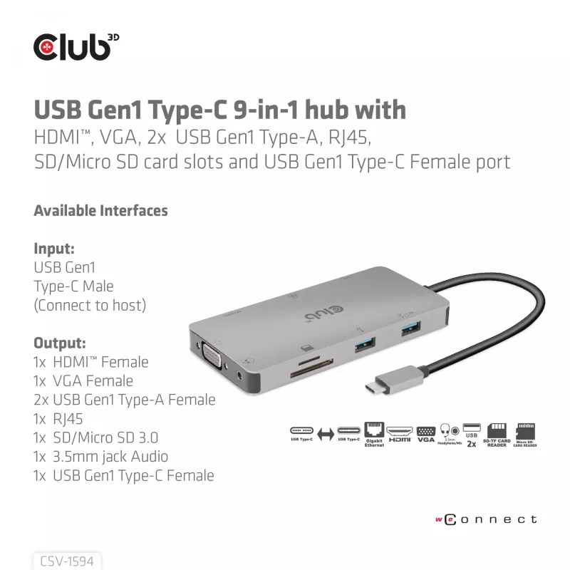 CLUB3D USB Gen1 Type-C 9-in-1 šakotuvas su HDMI, VGA, 2x USB Gen1 Type-A, RJ45, SD/Micro SD kortelių lizdais ir USB Gen1 Type-C moterišku prievadu