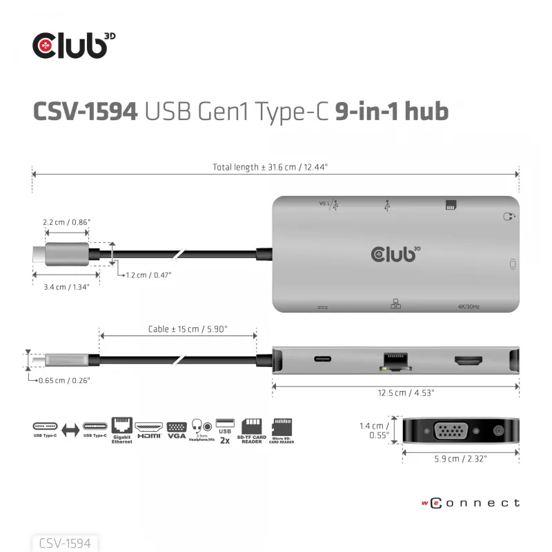CLUB3D USB Gen1 Type-C 9-in-1 šakotuvas su HDMI, VGA, 2x USB Gen1 Type-A, RJ45, SD/Micro SD kortelių lizdais ir USB Gen1 Type-C moterišku prievadu
