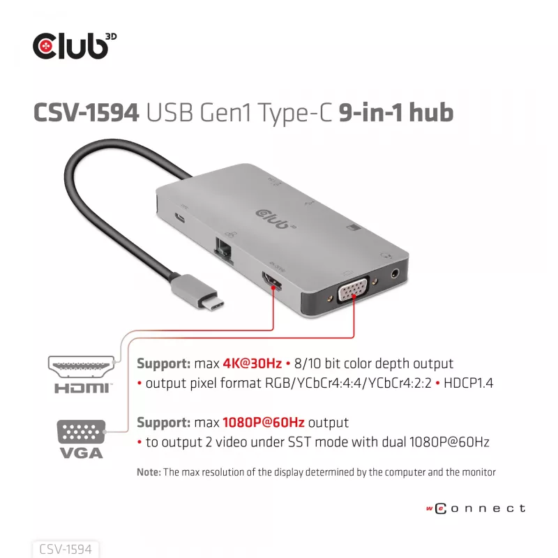 CLUB3D USB Gen1 Type-C 9-in-1 šakotuvas su HDMI, VGA, 2x USB Gen1 Type-A, RJ45, SD/Micro SD kortelių lizdais ir USB Gen1 Type-C moterišku prievadu
