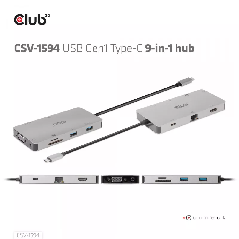 CLUB3D USB Gen1 Type-C 9-in-1 šakotuvas su HDMI, VGA, 2x USB Gen1 Type-A, RJ45, SD/Micro SD kortelių lizdais ir USB Gen1 Type-C moterišku prievadu