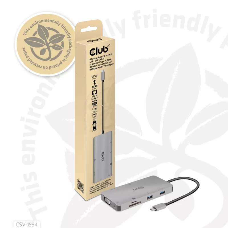 CLUB3D USB Gen1 Type-C 9-in-1 šakotuvas su HDMI, VGA, 2x USB Gen1 Type-A, RJ45, SD/Micro SD kortelių lizdais ir USB Gen1 Type-C moterišku prievadu