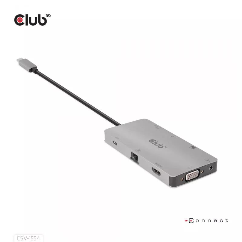 CLUB3D USB Gen1 Type-C 9-in-1 šakotuvas su HDMI, VGA, 2x USB Gen1 Type-A, RJ45, SD/Micro SD kortelių lizdais ir USB Gen1 Type-C moterišku prievadu