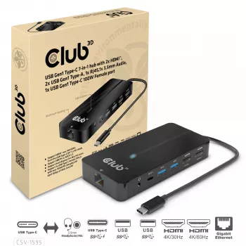 CLUB3D Type-C 7-in-1 centrinis įrenginys su 2x HDMI, 2x USB Gen1 Type-A, 1x RJ45, 1x 3,5 mm garso, 1x USB Gen1 Type-C 100W moteriška jungtimi