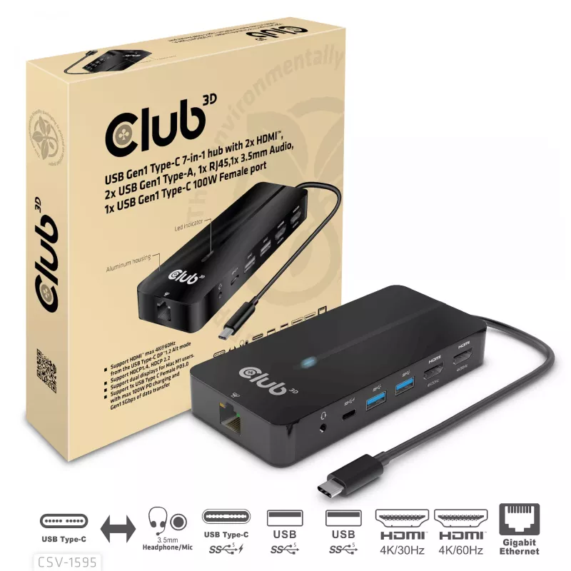 CLUB3D Type-C 7-in-1 centrinis įrenginys su 2x HDMI, 2x USB Gen1 Type-A, 1x RJ45, 1x 3,5 mm garso, 1x USB Gen1 Type-C 100W moteriška jungtimi