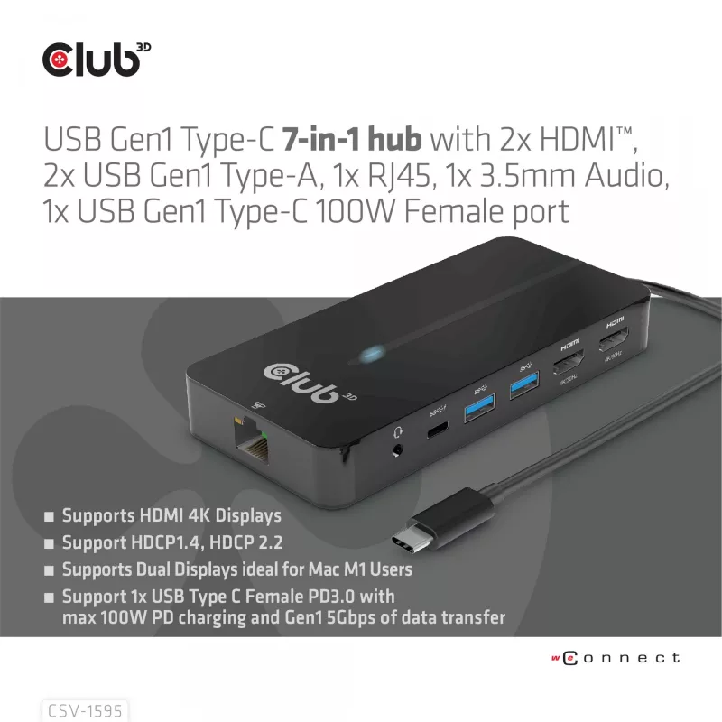CLUB3D Type-C 7-in-1 centrinis įrenginys su 2x HDMI, 2x USB Gen1 Type-A, 1x RJ45, 1x 3,5 mm garso, 1x USB Gen1 Type-C 100W moteriška jungtimi