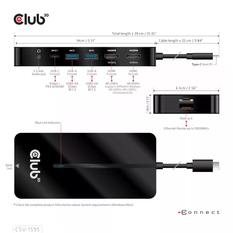 CLUB3D Type-C 7-in-1 centrinis įrenginys su 2x HDMI, 2x USB Gen1 Type-A, 1x RJ45, 1x 3,5 mm garso, 1x USB Gen1 Type-C 100W moteriška jungtimi