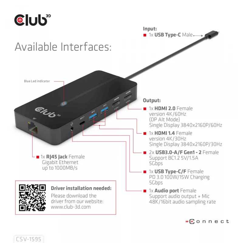 CLUB3D Type-C 7-in-1 centrinis įrenginys su 2x HDMI, 2x USB Gen1 Type-A, 1x RJ45, 1x 3,5 mm garso, 1x USB Gen1 Type-C 100W moteriška jungtimi