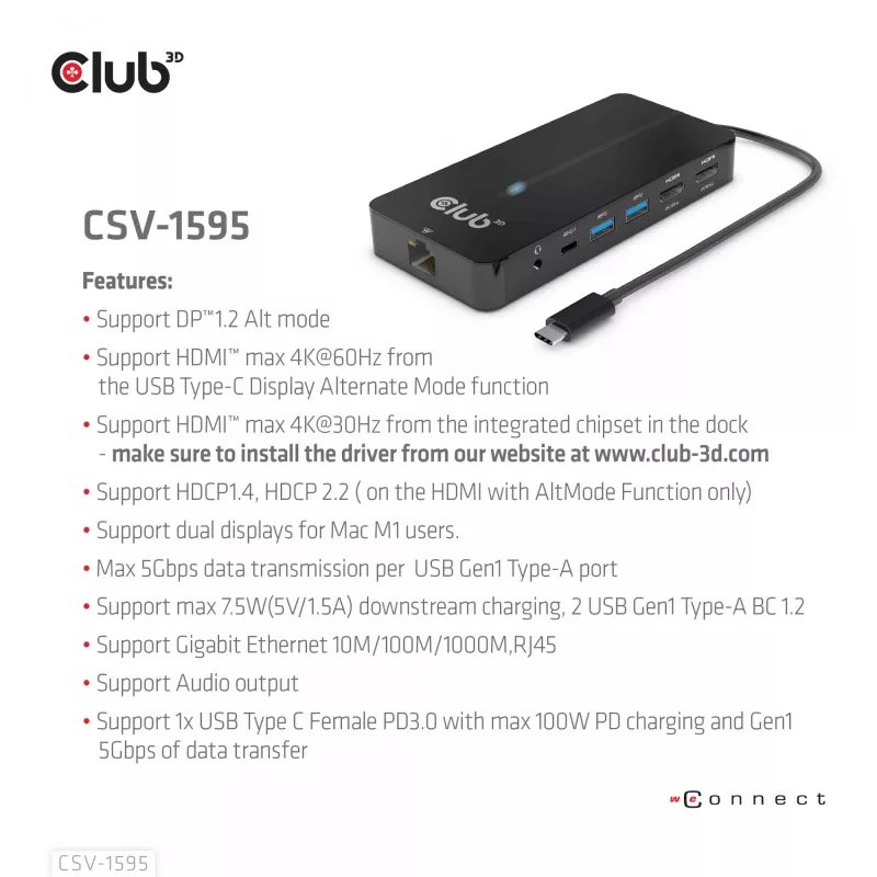 CLUB3D Type-C 7-in-1 centrinis įrenginys su 2x HDMI, 2x USB Gen1 Type-A, 1x RJ45, 1x 3,5 mm garso, 1x USB Gen1 Type-C 100W moteriška jungtimi