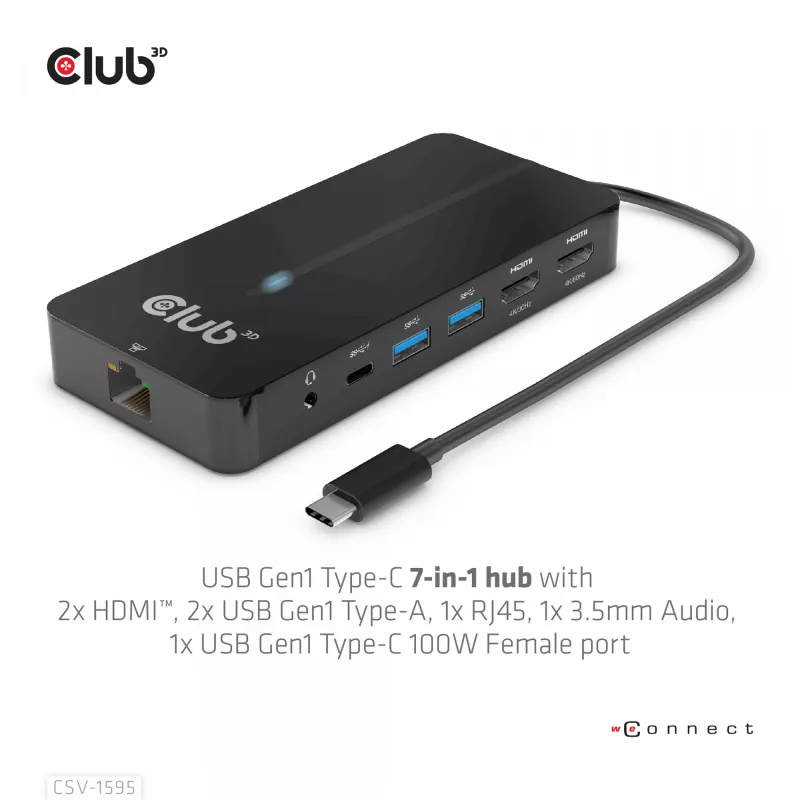 CLUB3D Type-C 7-in-1 centrinis įrenginys su 2x HDMI, 2x USB Gen1 Type-A, 1x RJ45, 1x 3,5 mm garso, 1x USB Gen1 Type-C 100W moteriška jungtimi