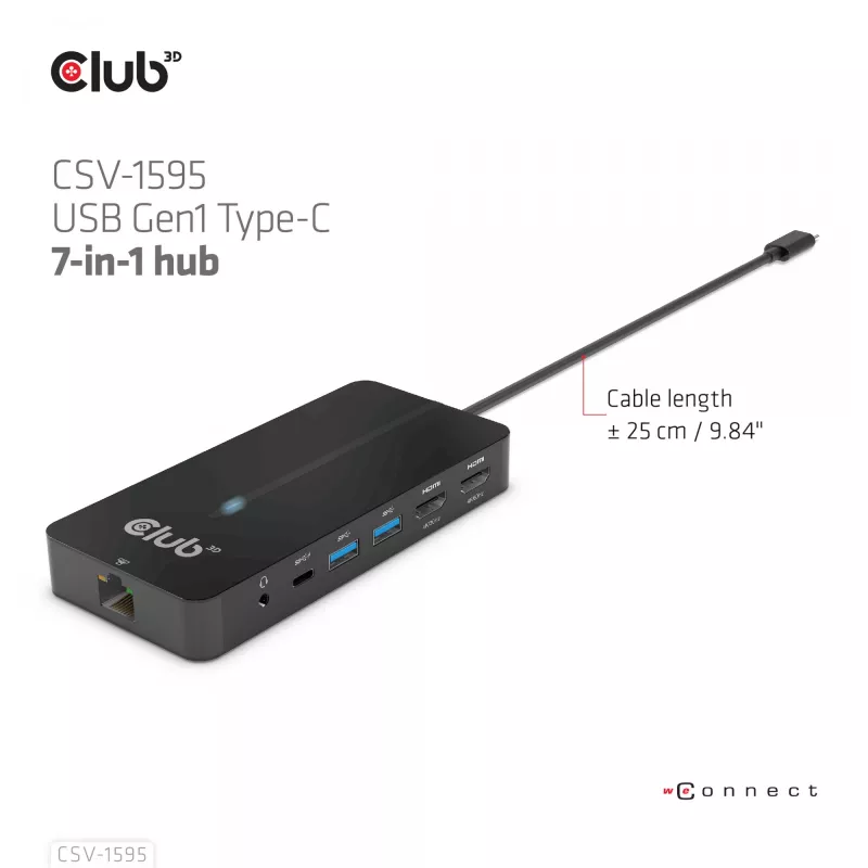 CLUB3D Type-C 7-in-1 centrinis įrenginys su 2x HDMI, 2x USB Gen1 Type-A, 1x RJ45, 1x 3,5 mm garso, 1x USB Gen1 Type-C 100W moteriška jungtimi