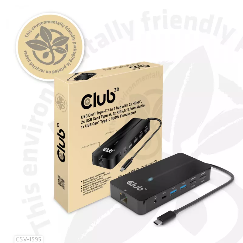 CLUB3D Type-C 7-in-1 centrinis įrenginys su 2x HDMI, 2x USB Gen1 Type-A, 1x RJ45, 1x 3,5 mm garso, 1x USB Gen1 Type-C 100W moteriška jungtimi