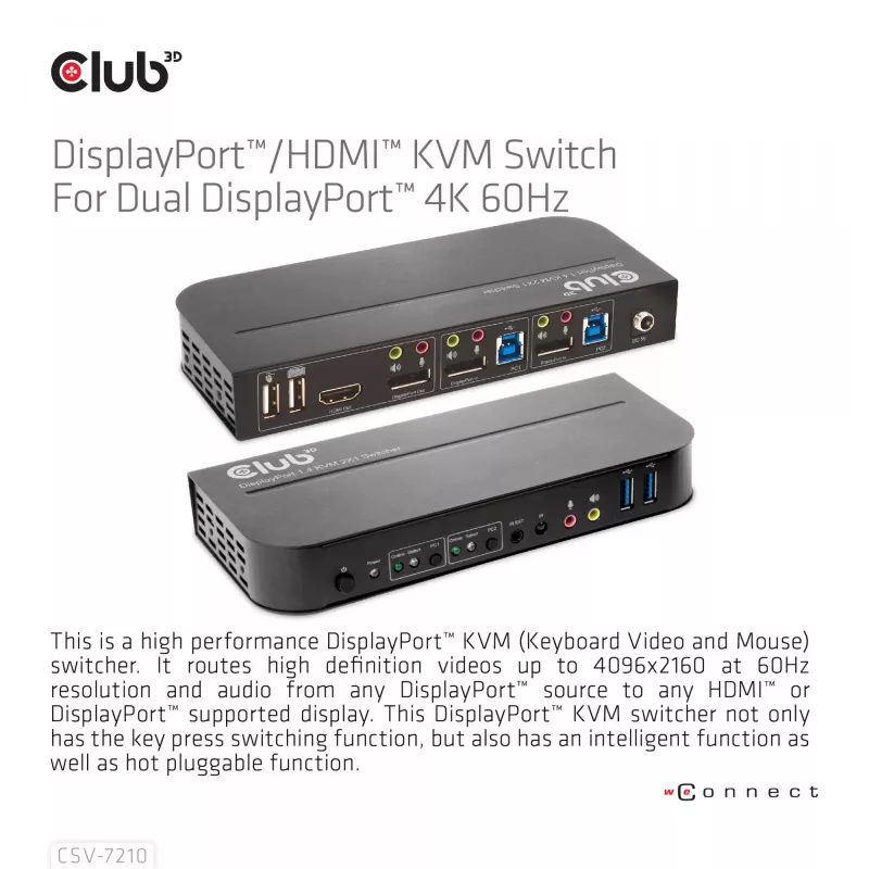 CLUB3D DisplayPort/HDMI KVM jungiklis dviems DisplayPort 4K 60Hz