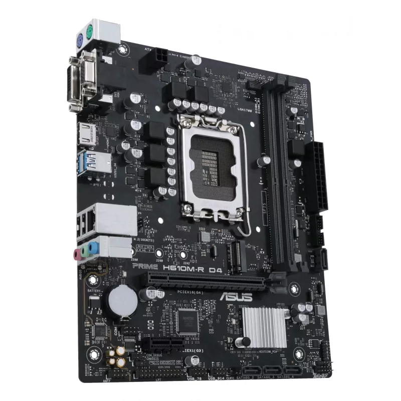 Motininė plokštė ASUS PRIME H610M-R D4 — Intel H610, LGA 1700, Micro ATX, DDR4, 2 DIMM (iki 64 GB), M.2 ir SATA III, USB Type-A