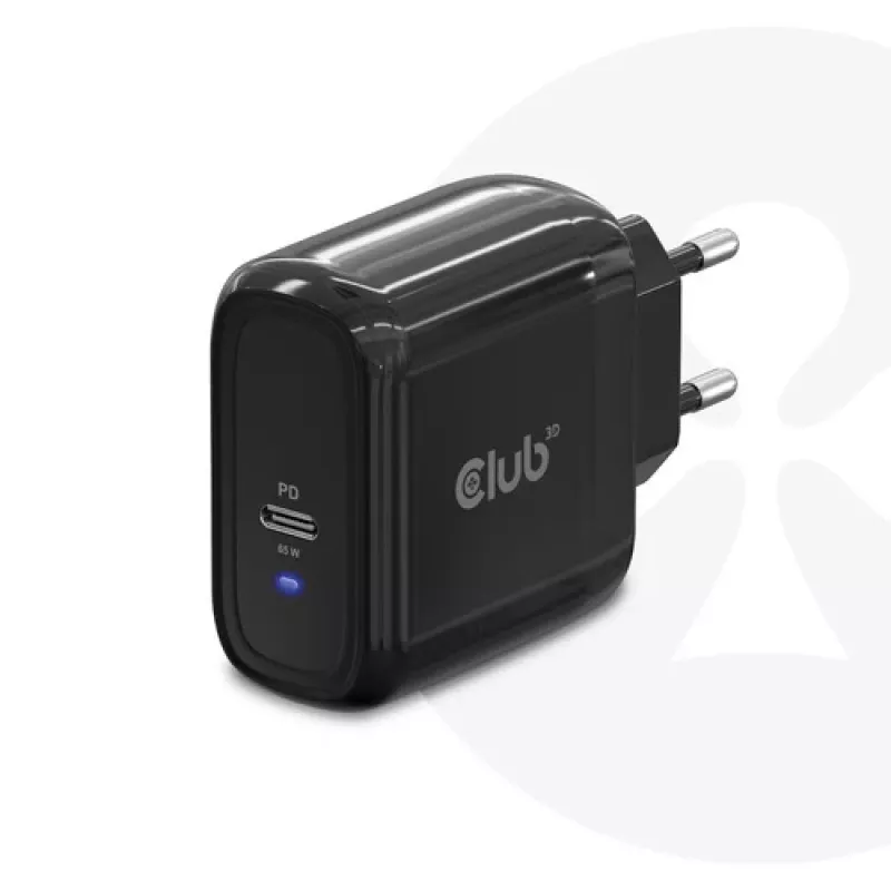 CLUB3D Travel Charger 65W GAN technologija, vienas prievadas USB Type-C, palaiko Power Delivery (PD) 3.0