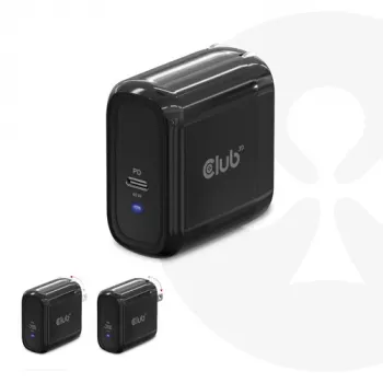 CLUB3D Travel Charger 65W GAN technologija, vienas prievadas USB Type-C, palaiko Power Delivery (PD) 3.0
